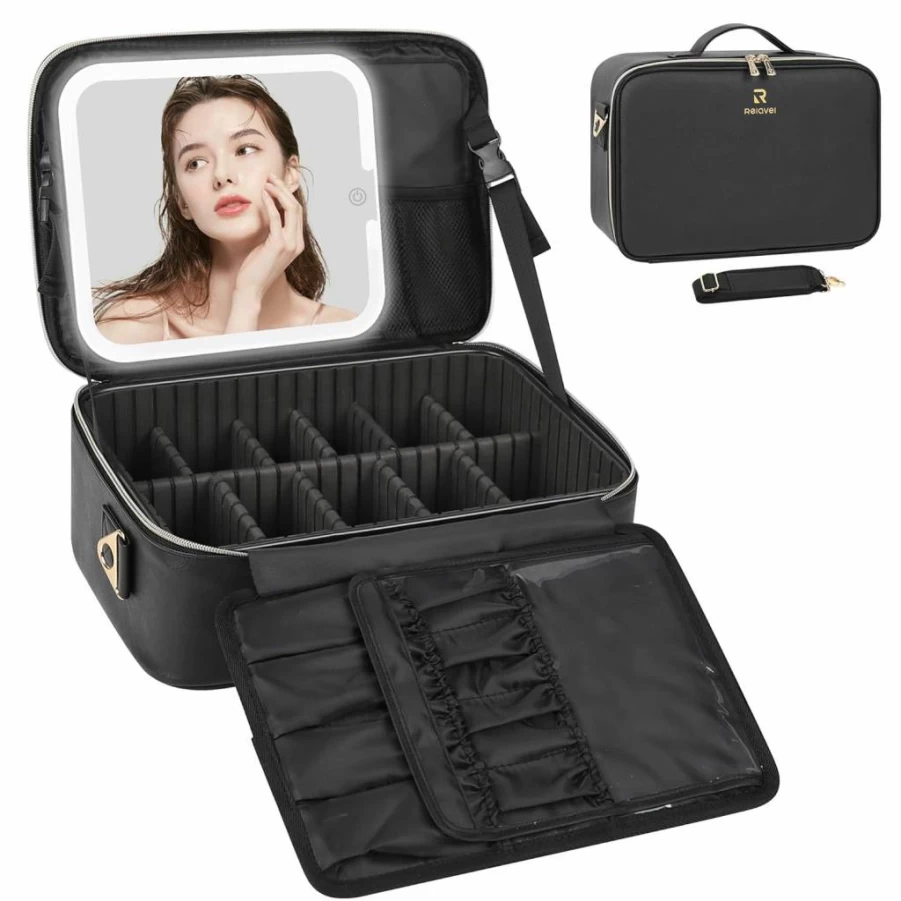 Relavel Rechargeable Travel Makeup Bag with LED Mirror, 3 Lighting Modes, Brush Compartments, Portable Cosmetic Organizer Case for Women, Green
