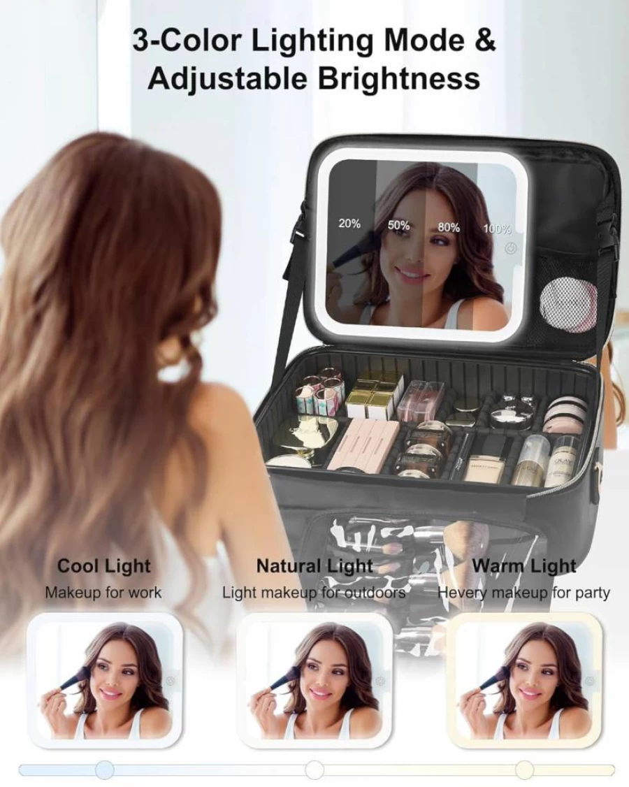 Relavel Rechargeable Travel Makeup Bag with LED Mirror, 3 Lighting Modes, Brush Compartments, Portable Cosmetic Organizer Case for Women, Green