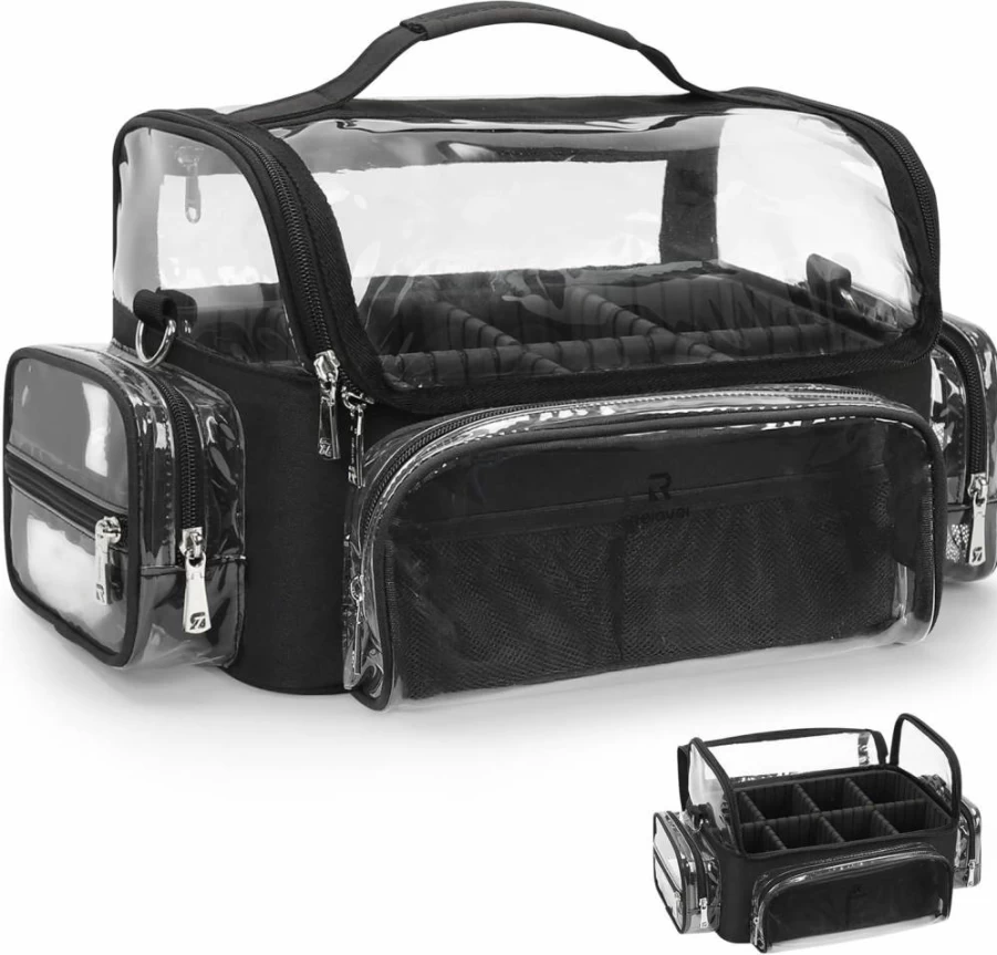 NAONAYA Extra Large Clear Makeup Brush Holder with Adjustable Dividers, Travel Cosmetic Storage Bag for Makeup Artists, Black Waterproof Makeup Case with Lid, Professional Makeup Organizer