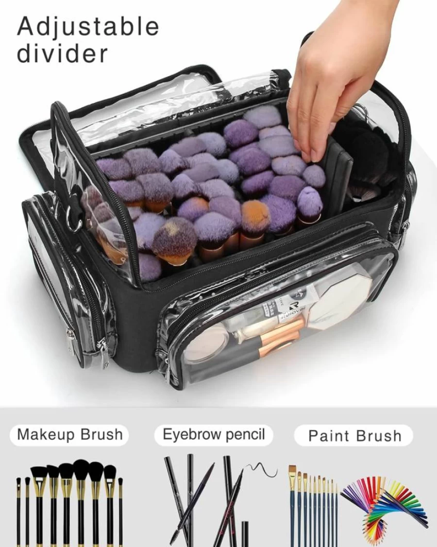 NAONAYA Extra Large Clear Makeup Brush Holder with Adjustable Dividers, Travel Cosmetic Storage Bag for Makeup Artists, Black Waterproof Makeup Case with Lid, Professional Makeup Organizer