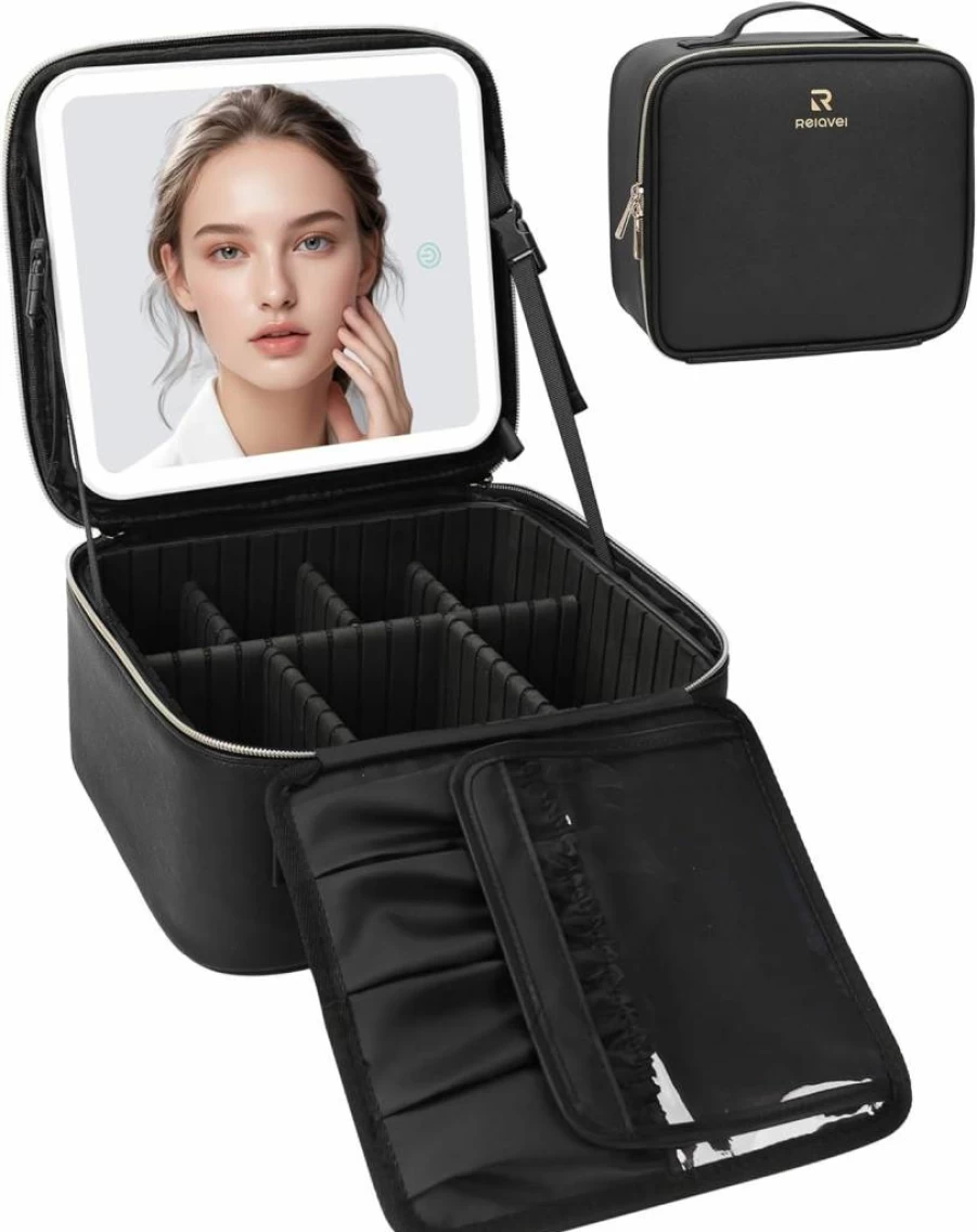Relavel Rechargeable Makeup Bag with LED Light-Up Mirror, Travel Cosmetic Organizer with Brush Holder, 3-Color Vanity Case, Durable Crocodile Pattern Storage Box