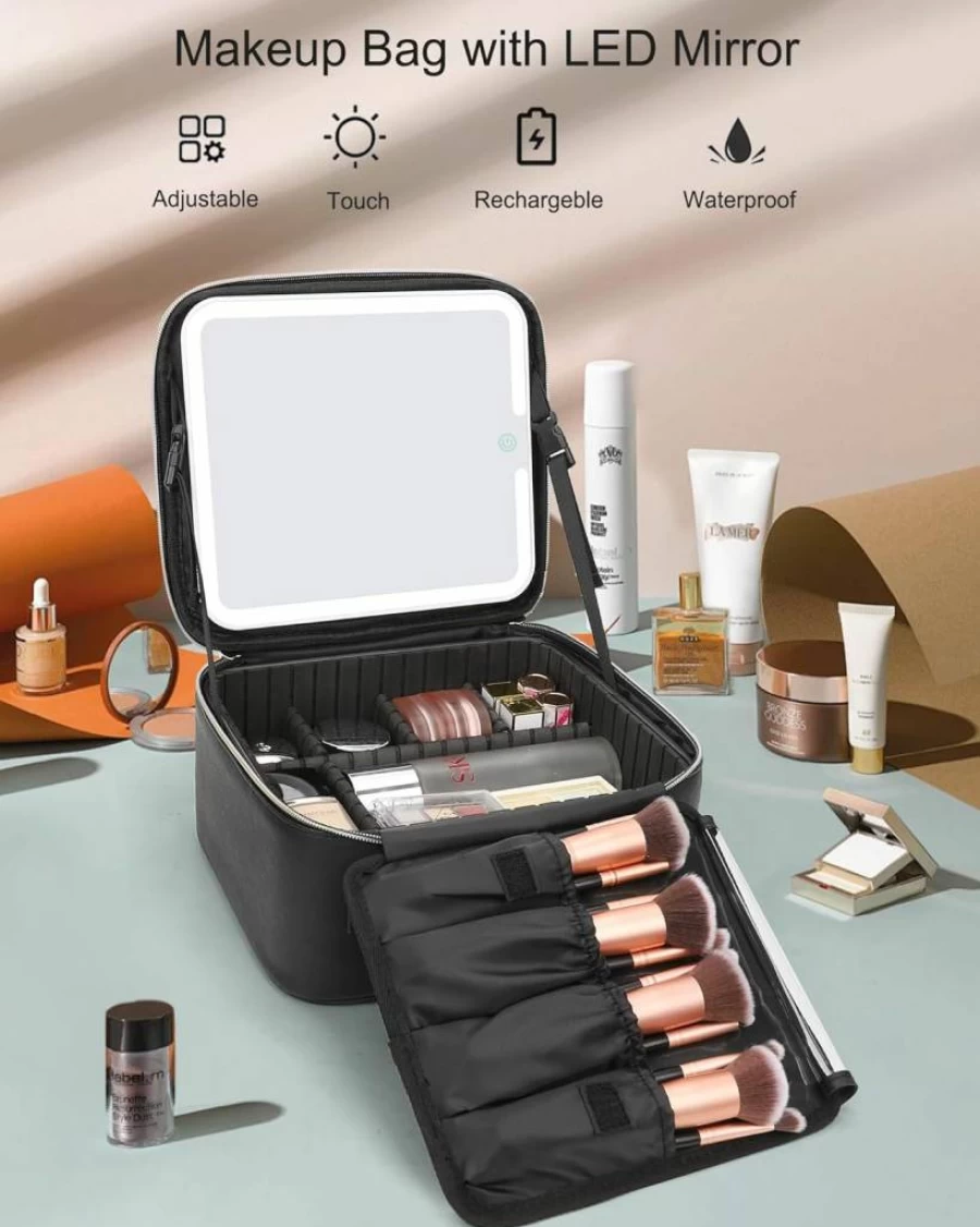 Relavel Rechargeable Makeup Bag with LED Light-Up Mirror, Travel Cosmetic Organizer with Brush Holder, 3-Color Vanity Case, Durable Crocodile Pattern Storage Box