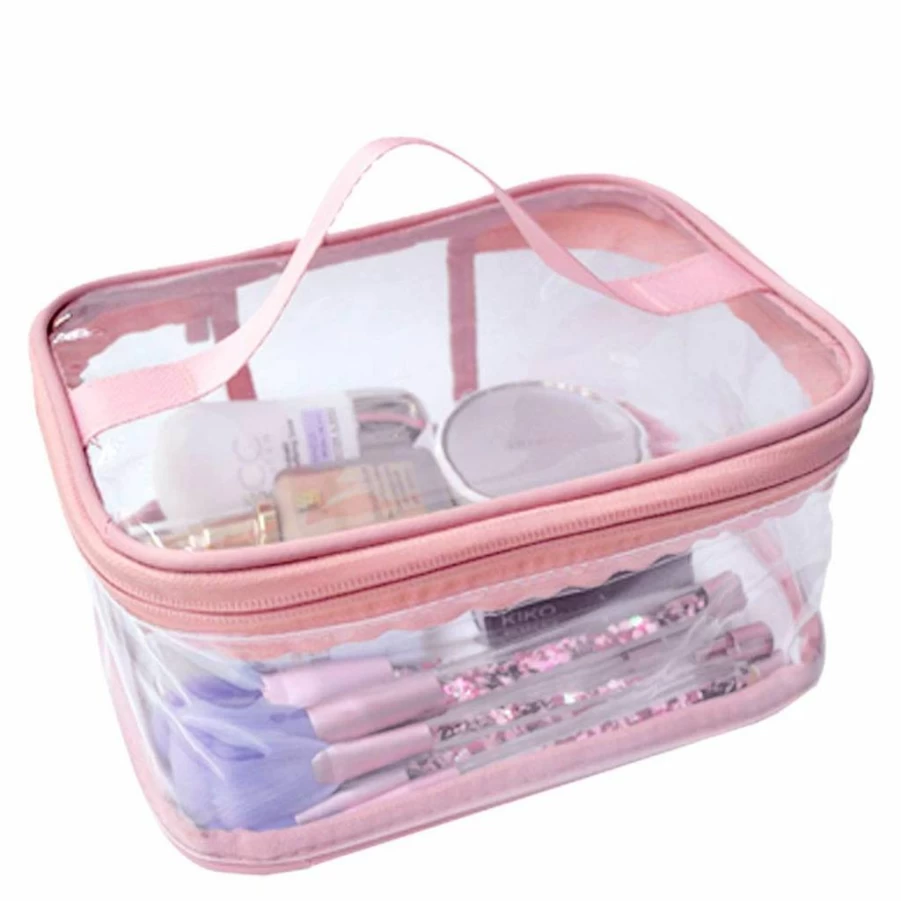 ANEMEL Clear Waterproof Toiletry Bag - Pink Transparent Travel Cosmetic Organizer for Makeup & Essentials