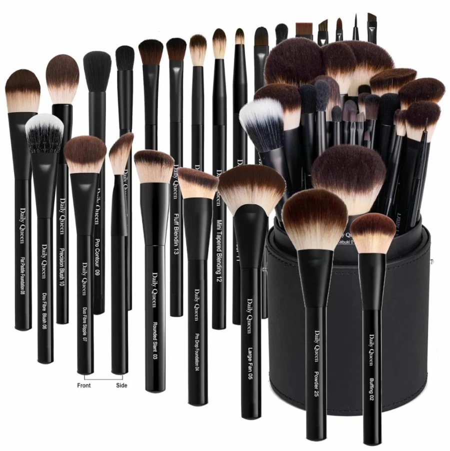 Daily Queen 25Pcs Professional Makeup Brush Set with Holder - Kabuki, Powder, Concealer, Eyeshadow, Blush, Eyeliner, Eyebrow & Blending Brushes in Black (Includes Storage Box)
