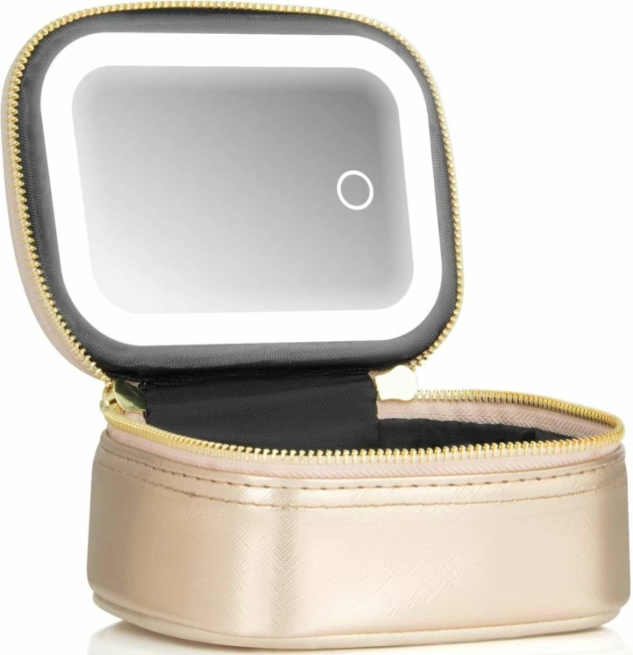 Extrei Gent Small Makeup Bag with Mirror & LED Light - Portable Travel Cosmetic Organizer, Adjustable Brightness Toiletry Case for Women, Mini Train Case for Makeup Storage