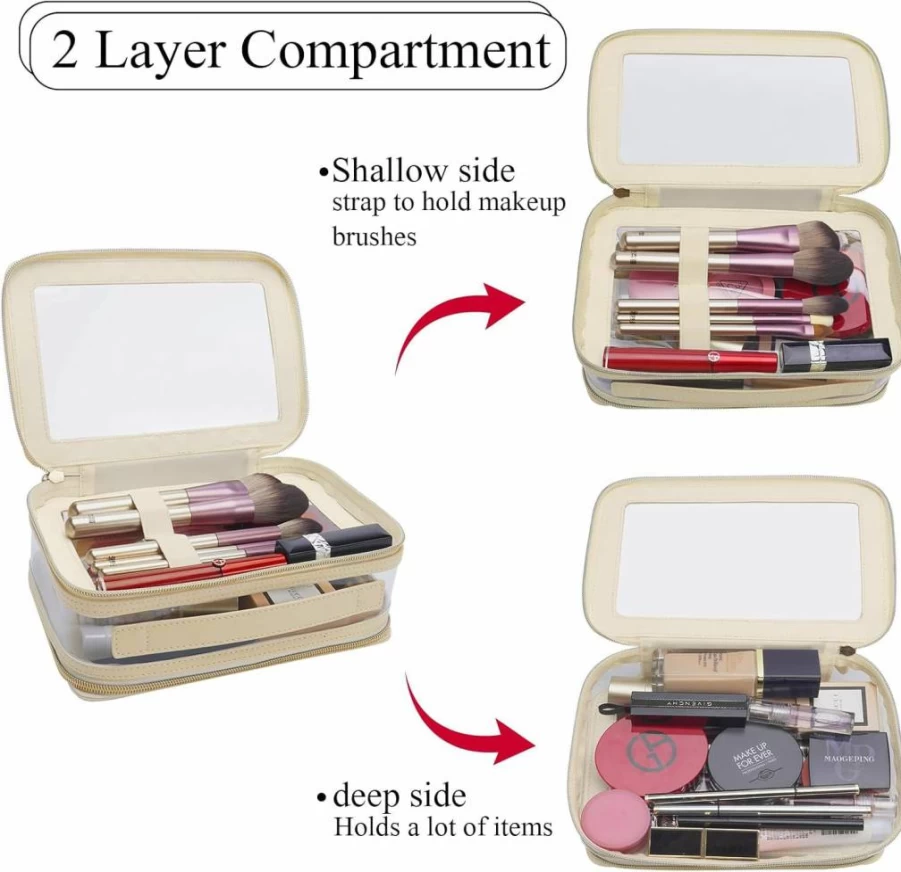 DIYOOHOMY Large Transparent Waterproof Makeup Bag - Double Layer Two-Sided Zipper Cosmetic Organizer for Travel, Black Leather Toiletry Pouch with Compartments for Women Beauty Brushes