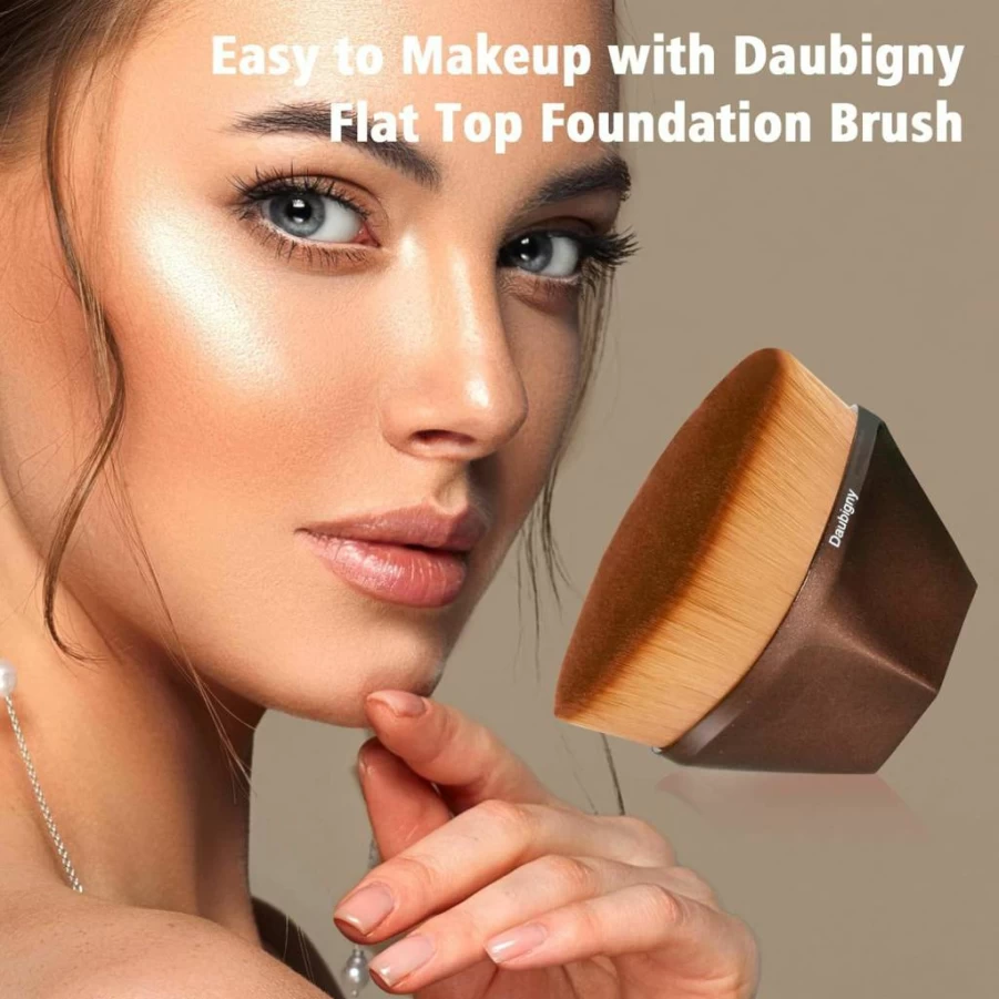 Daubigny Flat Top Kabuki Makeup Brush - Hexagon Handle for Liquid, Cream & Powder Foundation - Includes Protective Case (Light Pink)