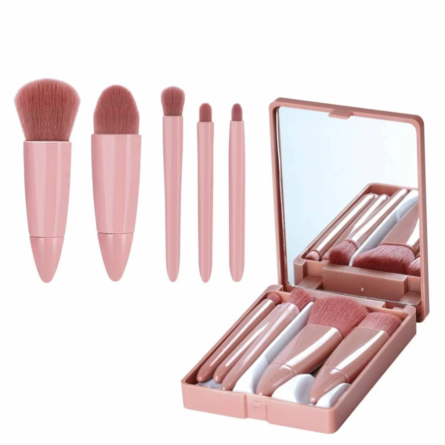 MJJOMAY Travel Makeup Brush Set - 5 Piece Portable Mini Cosmetic Brushes Kit with Mirror & Pink Case for On-The-Go Beauty