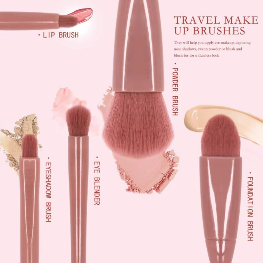 MJJOMAY Travel Makeup Brush Set - 5 Piece Portable Mini Cosmetic Brushes Kit with Mirror & Pink Case for On-The-Go Beauty