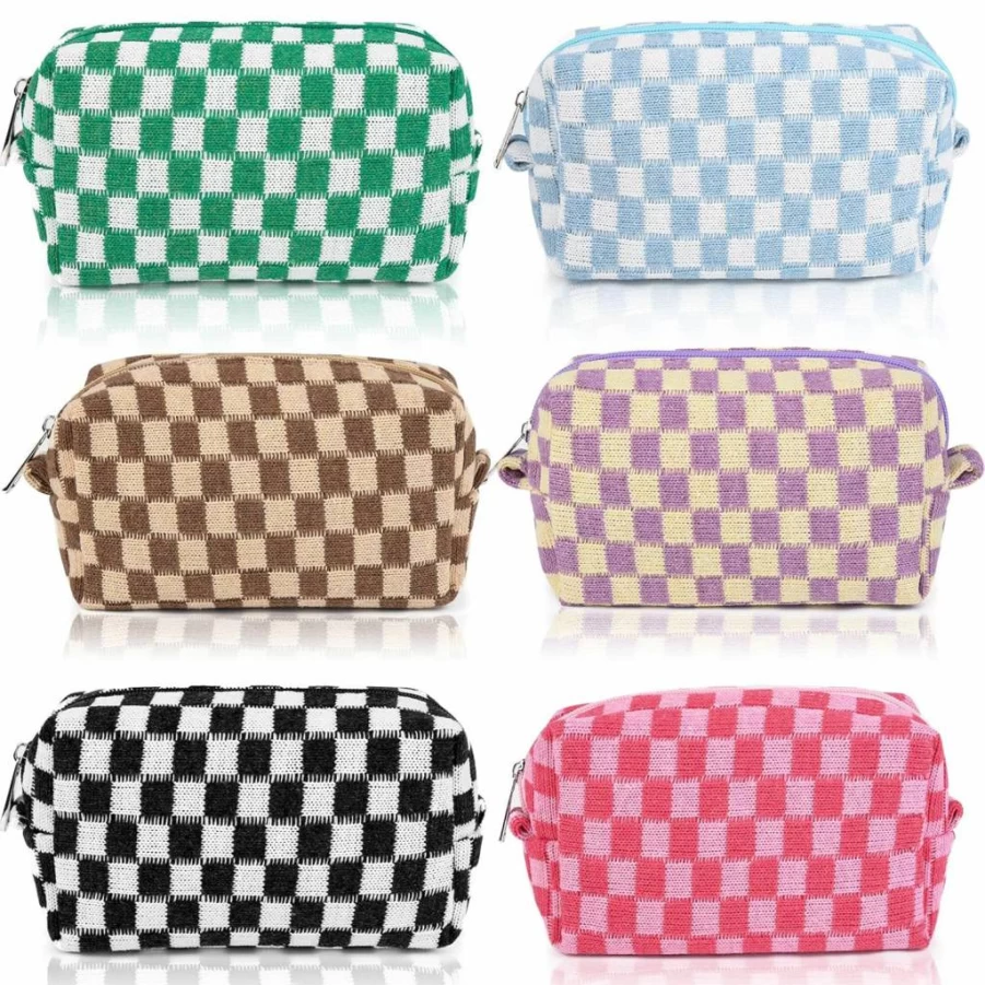 SOIDRAM Blue Checkered Makeup Bag - Personalized Preppy Cosmetic Pouch for Women, Travel Toiletry Organizer, Cute DIY Brushes Storage, Bulk Gift Idea
