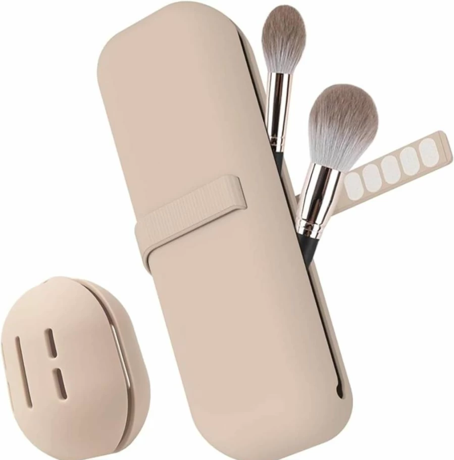 Ancwzoz Silicone Makeup Brush Holder - Travel Cosmetic Organizer for Brushes & Sponges, Portable Storage Bag, Khaki Color