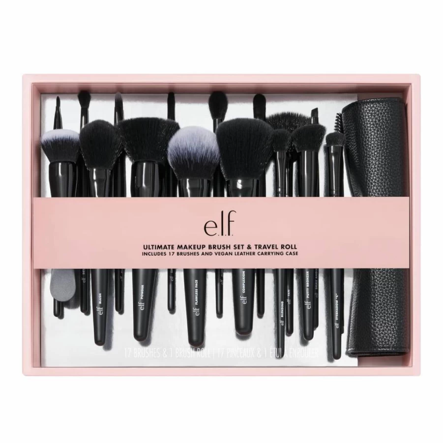 e.l.f. Ultimate 17-Piece Vegan Makeup Brush Set with Travel Roll - Cruelty-Free Brushes for Eyeshadow, Foundation, Powder & Concealer