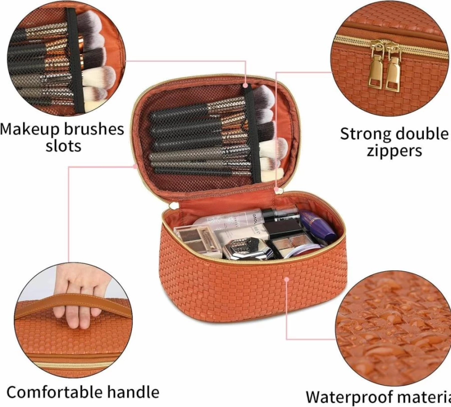KTMOUW 3-Piece Waterproof Makeup Travel Bag Set - Portable Cosmetic Organizer with Weave Design, Black Storage Pouch for Toiletries