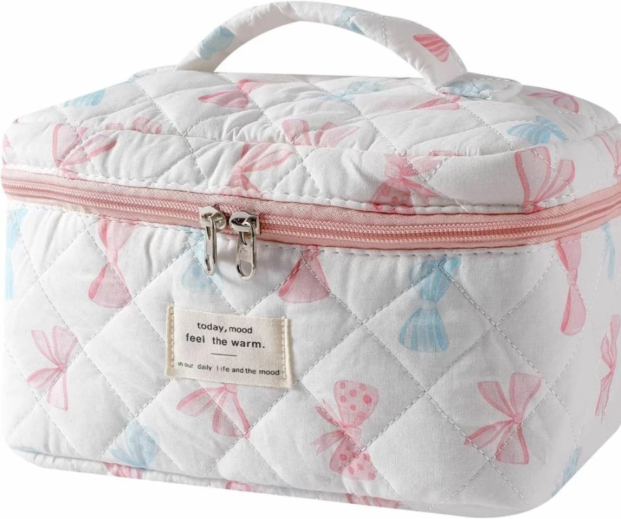 Uekeboag Floral Cotton Makeup Bag for Women - Large Quilted Travel Cosmetic Organizer, Coquette Aesthetic Toiletry Pouch