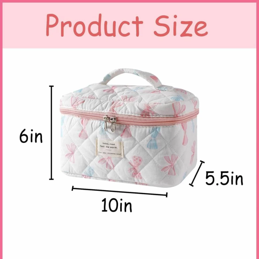 Uekeboag Floral Cotton Makeup Bag for Women - Large Quilted Travel Cosmetic Organizer, Coquette Aesthetic Toiletry Pouch
