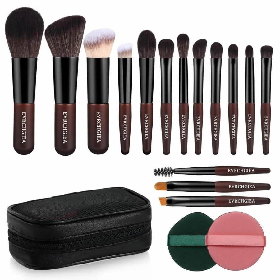 EVRCHGIEA 15-Piece Travel Makeup Brush Set with Case - Mini Foundation, Powder, Eyeshadow, Blush, Concealer Brushes & 2 Puffs for Highlight & Contour, Compact Purse Size