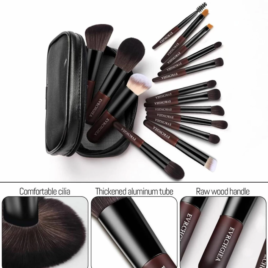 EVRCHGIEA 15-Piece Travel Makeup Brush Set with Case - Mini Foundation, Powder, Eyeshadow, Blush, Concealer Brushes & 2 Puffs for Highlight & Contour, Compact Purse Size