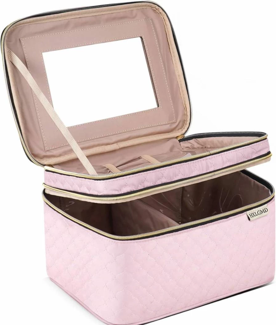 HXLGMD Large Pink Makeup Bag with Mirror - Double Layer Travel Cosmetic Organizer Case, Spacious Toiletry Bag for Women with Brush Holder & Divider