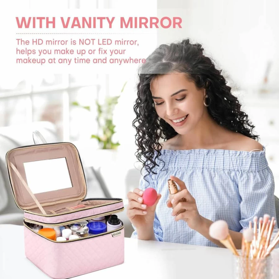 HXLGMD Large Pink Makeup Bag with Mirror - Double Layer Travel Cosmetic Organizer Case, Spacious Toiletry Bag for Women with Brush Holder & Divider