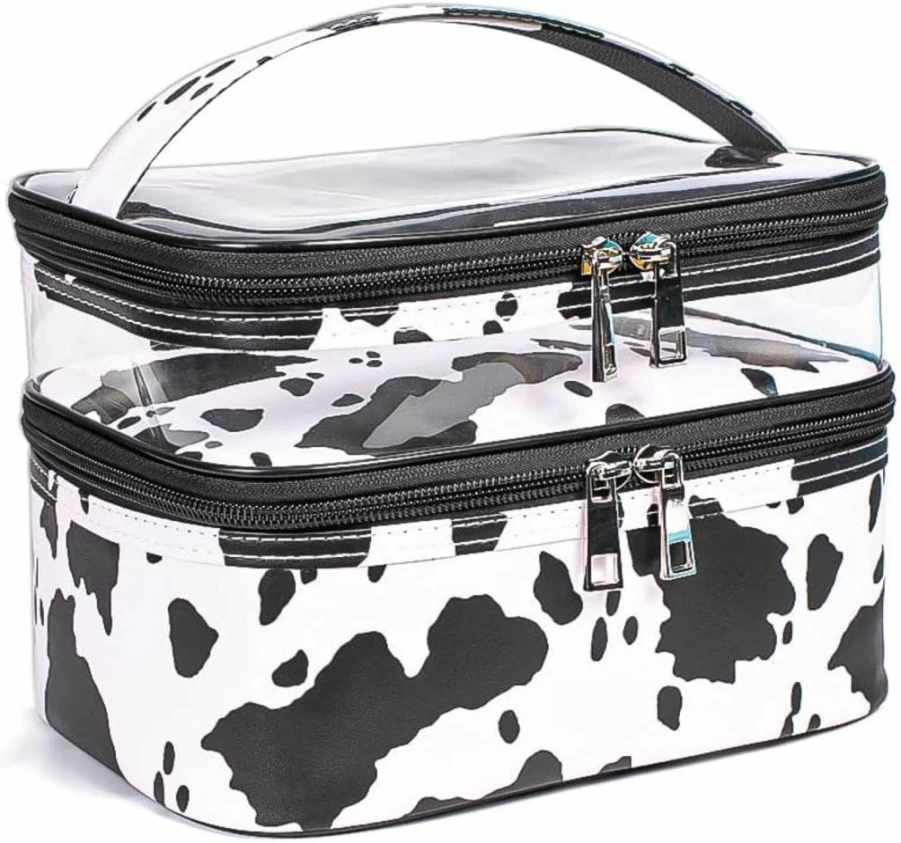 iMerelez Double-Layer Waterproof Makeup Bag for Women - Portable Foldable Travel Cosmetic Case with Leopard Print Design
