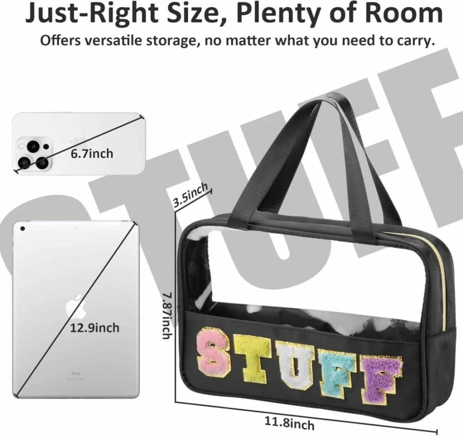 BuyCard Preppy Chenille Letter Patch Waterproof PVC & Nylon Makeup Bag with Handle and Zipper - Large Clear Travel Toiletry Storage Bag for Women & Girls