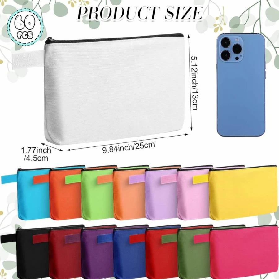 Reginary 60 Pack Blank DIY Canvas Makeup Bags Bulk - 7.5x5x2 Inch Small Cosmetic Pouches with Zipper for Travel, Women, Teens - 15 Assorted Colors