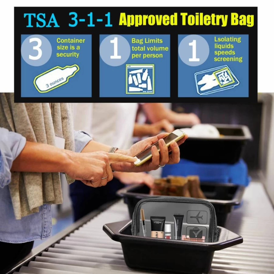MODENGKONGJIAN 3-Piece TSA Approved Clear Toiletry Bag Set - Quart Size Travel Cosmetic Organizer for Men & Women - Airline Compliant Carry-On Pouch (Black)