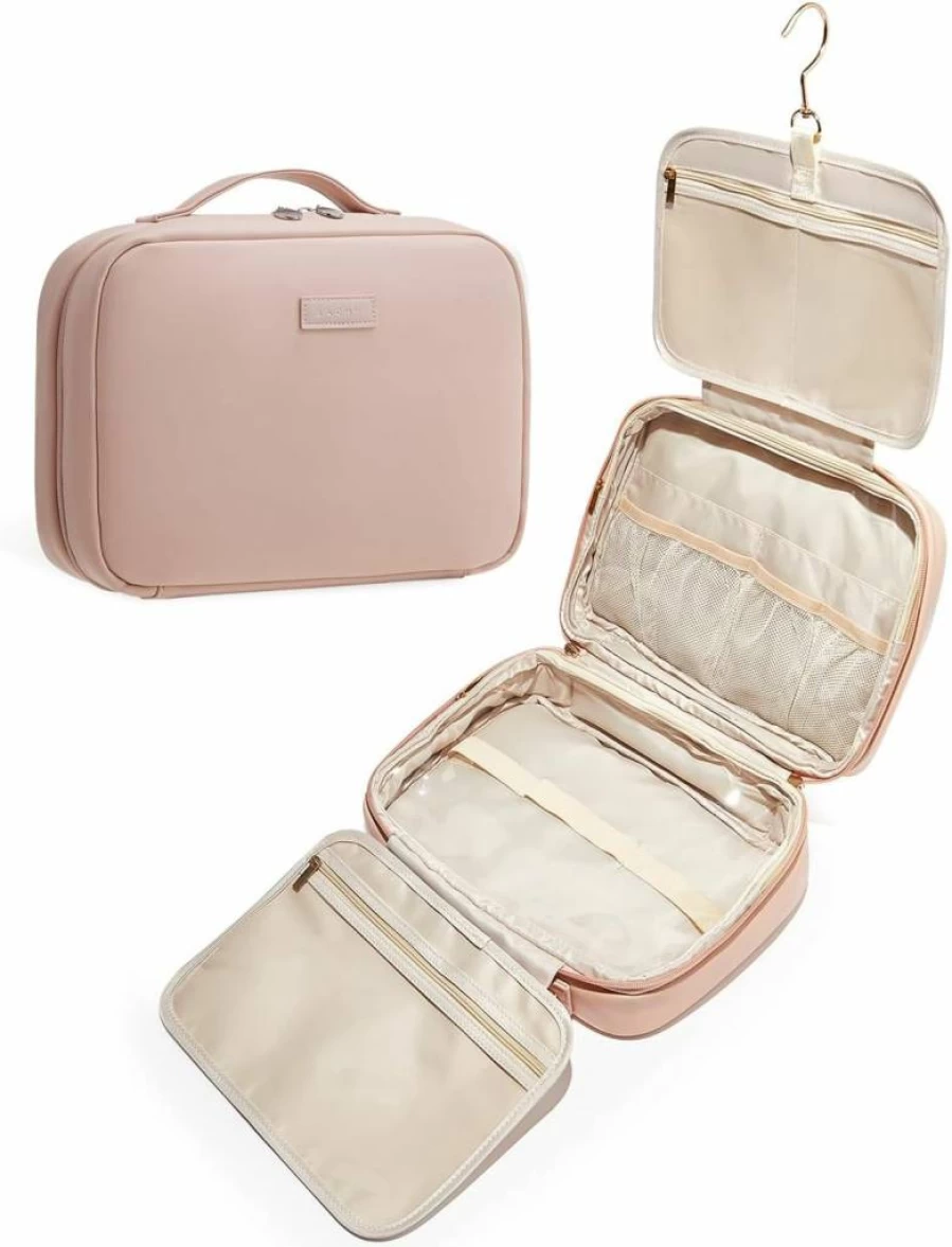 EACHY Hanging Toiletry Bag for Women - Waterproof PU Leather Travel Makeup Organizer with 4 Compartments, Portable Full-Size Cosmetic Bag (Beige)