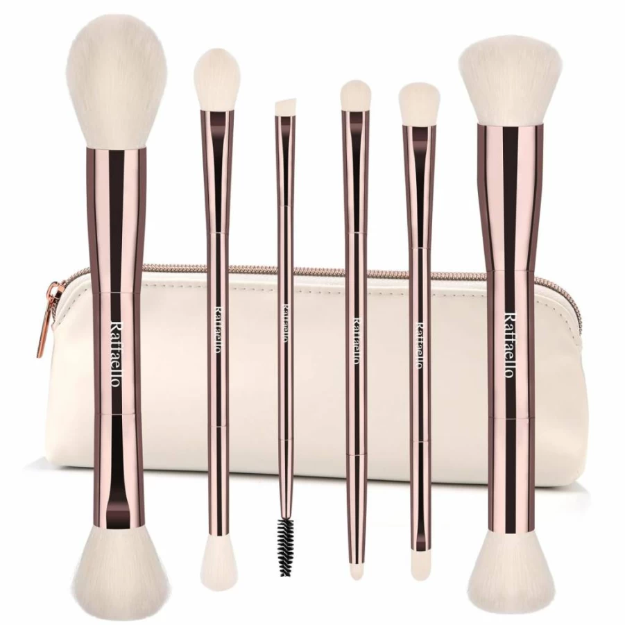 Raffaello Rose Gold 6-in-1 Dual-Ended Makeup Brush Set with Vegan Leather Pouch - Eco-Friendly Recycled Travel Brushes for Face & Eye Makeup