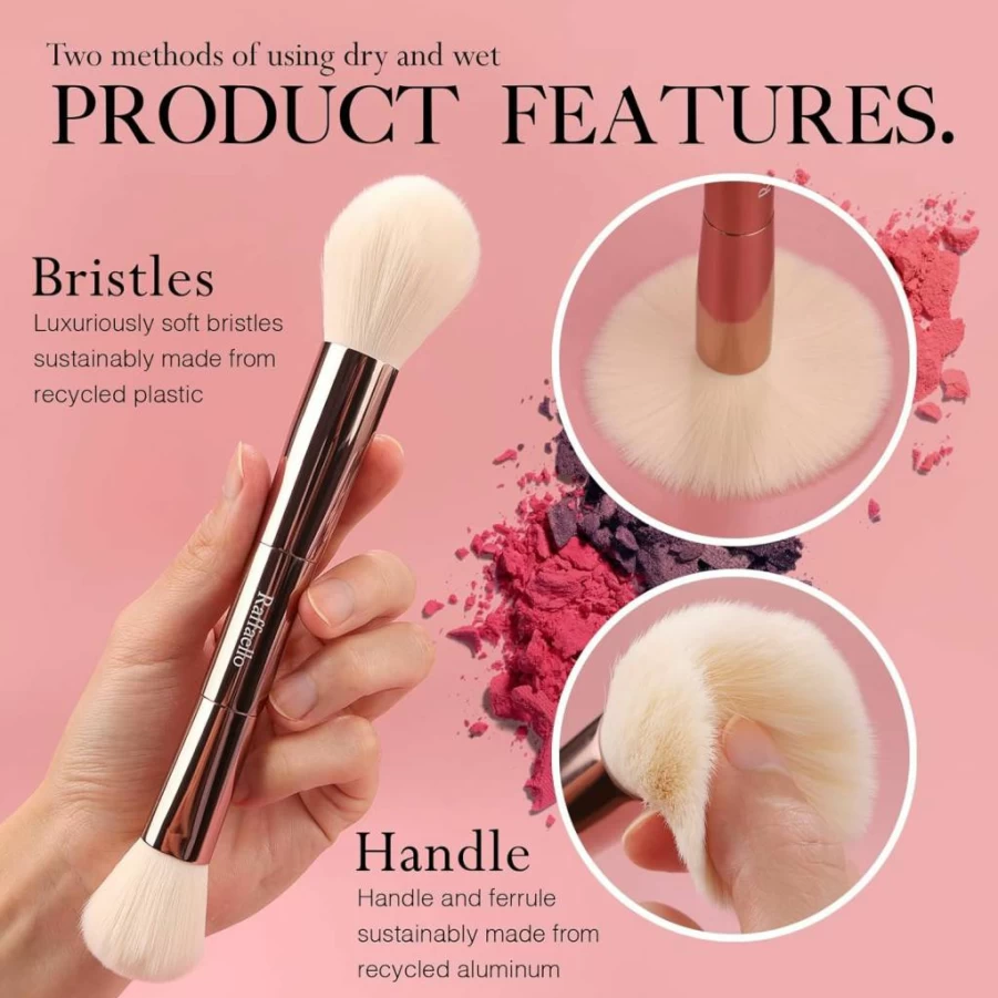 Raffaello Rose Gold 6-in-1 Dual-Ended Makeup Brush Set with Vegan Leather Pouch - Eco-Friendly Recycled Travel Brushes for Face & Eye Makeup