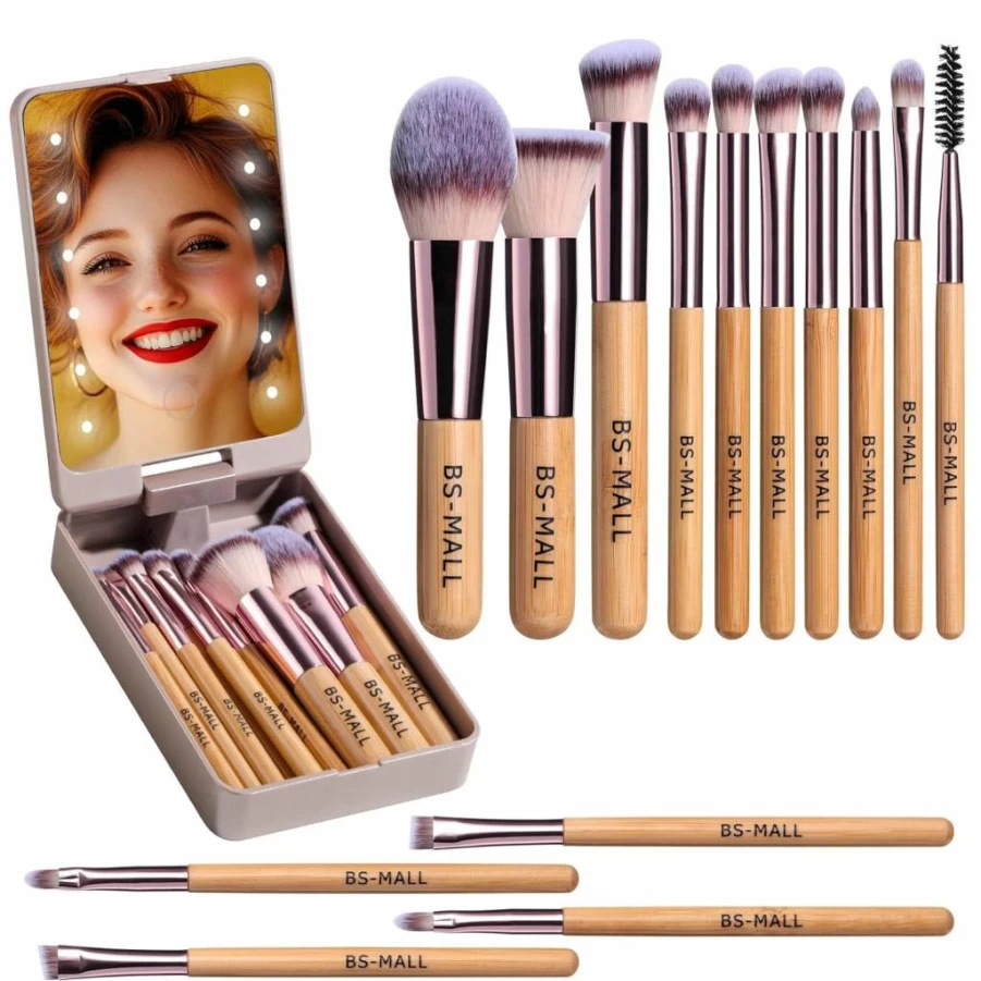 BS-MALL 14-Piece Mini Makeup Brush Set with LED Light Mirror - Foundation, Powder, Concealer, Eyeshadow Brushes (Apink)