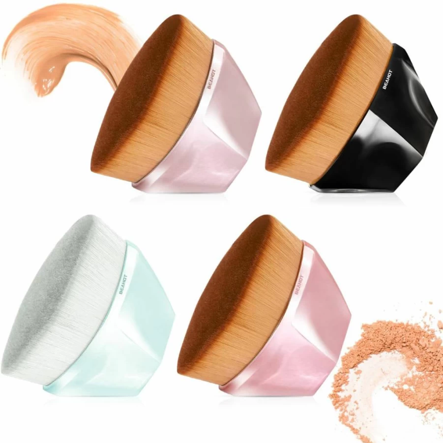 BEAHOT 4 Piece Foundation Brush Set - Flat Top Kabuki Makeup Brushes for Liquid, Cream & Powder Cosmetics with Travel Case