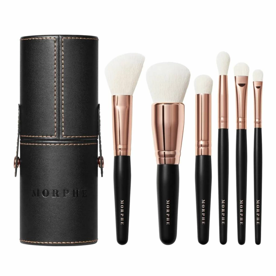 MORPHE Rose Away 6-Piece Makeup Brush Set - Synthetic Bristles for Eye & Face - Includes Travel Case