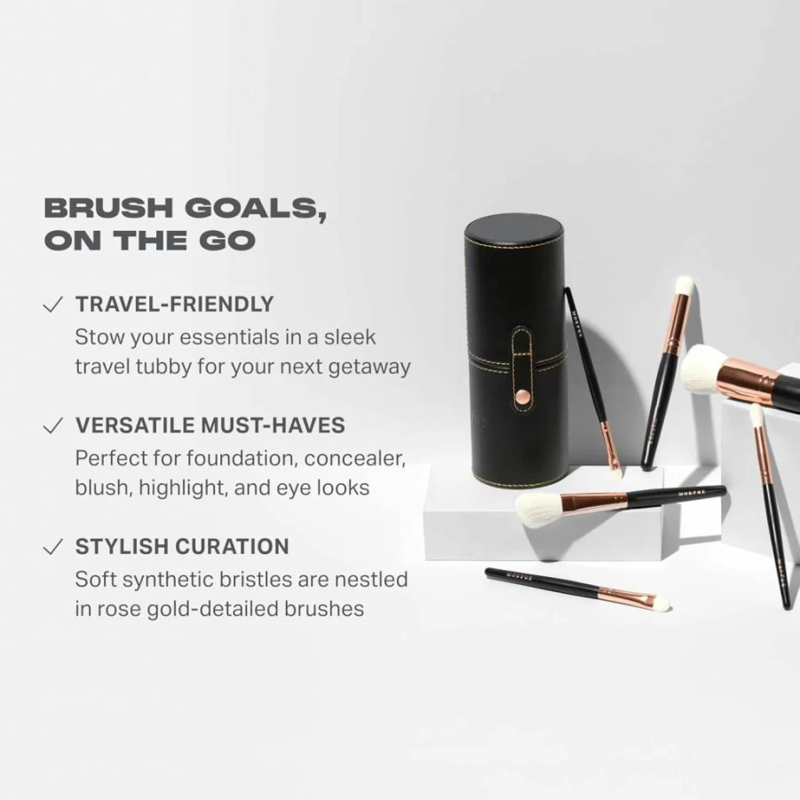 MORPHE Rose Away 6-Piece Makeup Brush Set - Synthetic Bristles for Eye & Face - Includes Travel Case
