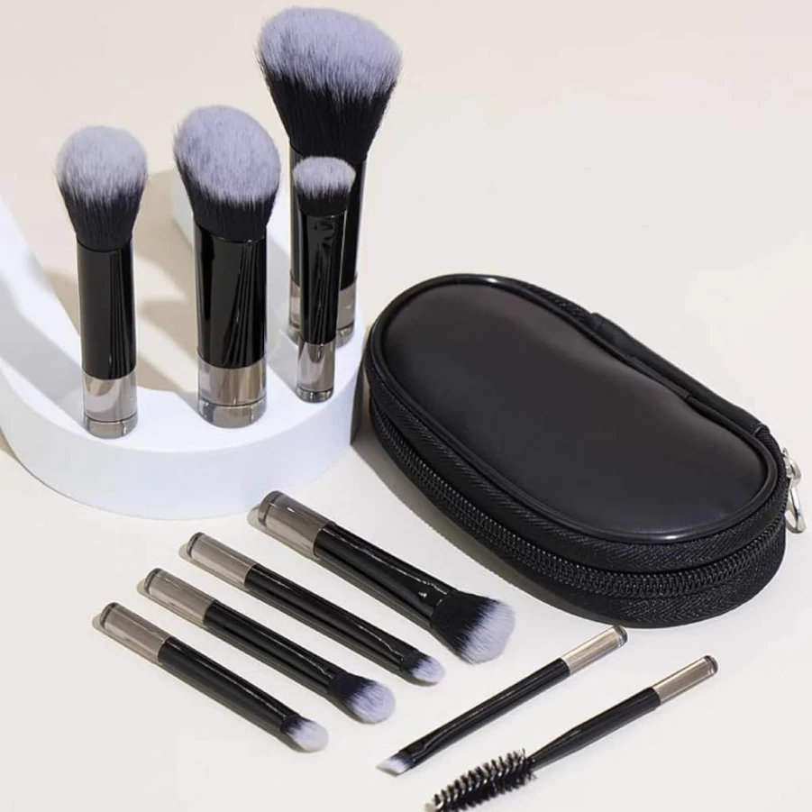 COSHINE 10Pcs Portable Travel Makeup Brush Set - Mini Full Function Cosmetic Brushes Kit with Pouch (Black) for On-The-Go Beauty