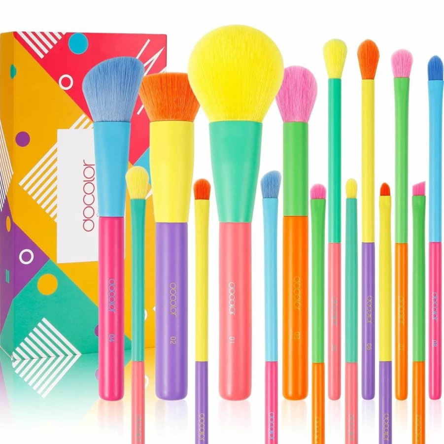Docolor 15Pcs Premium Synthetic Makeup Brush Set - Face, Foundation, Contour, Blush, Concealer, Eyeshadow & Blending Brushes - Colorful Gift Kit