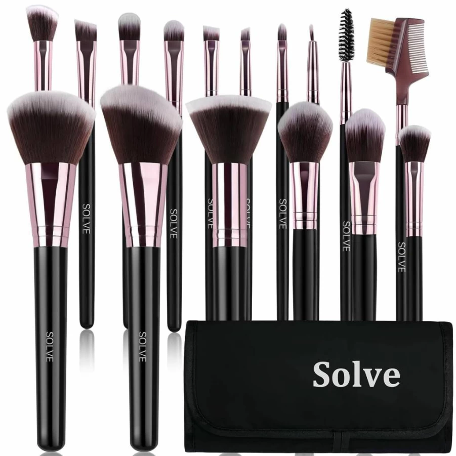 SOLVE 16-Piece Premium Makeup Brush Set for Foundation, Concealer, Eyeshadow & More - Includes Black & Pink Travel Case
