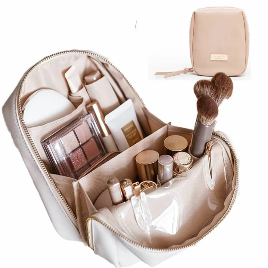 Cirea Beige Travel Makeup Bag for Women - Elegant Portable Puffer Cosmetic Organizer with Compartments, Large Purse Toiletry Bag