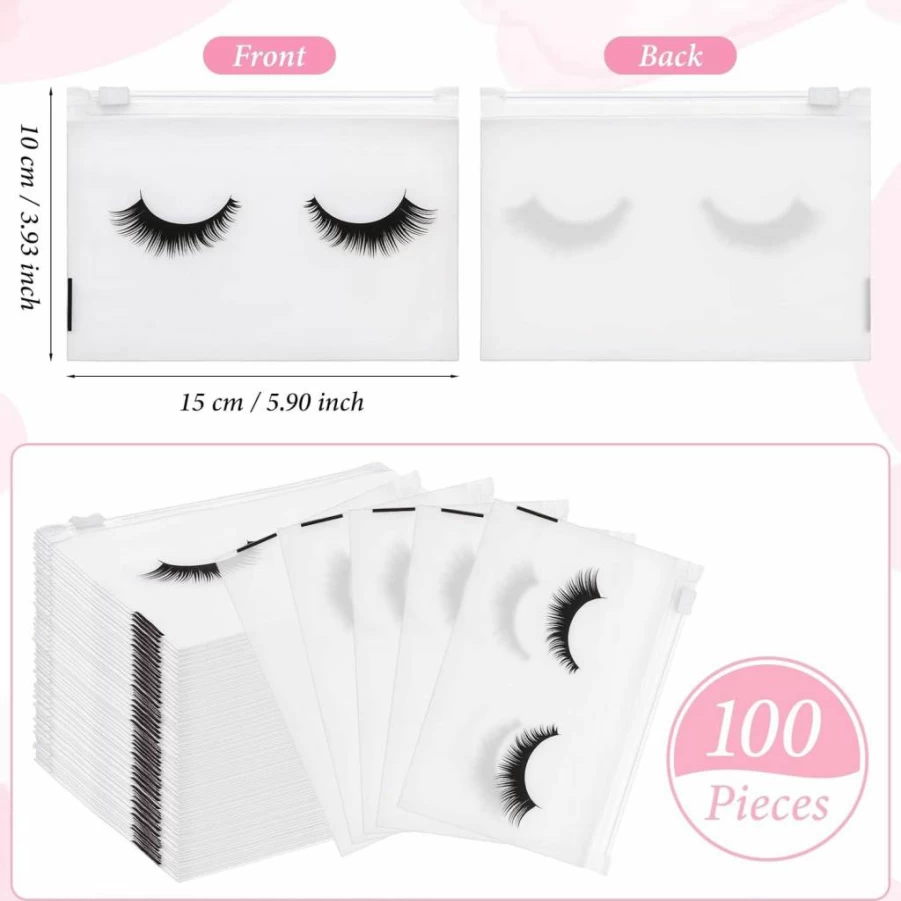 Noverlife 100Pcs 6x4 Inch Empty Eyelash Storage Bags with Zipper, Cosmetic Travel Pouches for Makeup & Lash Aftercare, 15x11cm Small Zippered Cases
