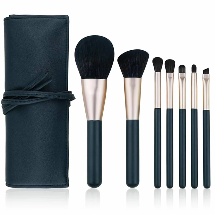 DEFSAP Professional 7-Piece Makeup Brush Set - Soft Synthetic Hair for Face, Cheek & Eye - Premium Cosmetic Brush Kit with PU Travel Bag (Dark Green)