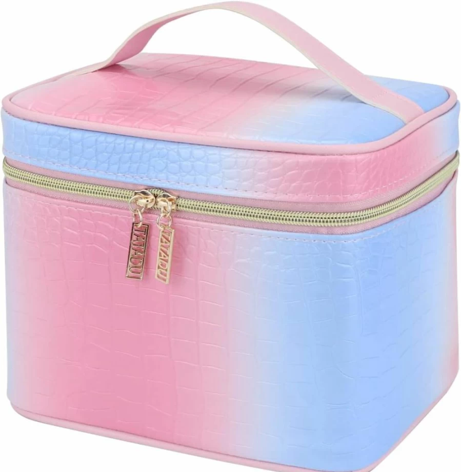 IMCUZUR Water-Resistant Travel Makeup Bag Organizer for Women & Girls - Blue-Pink Gradient Cosmetic & Toiletry Pouch