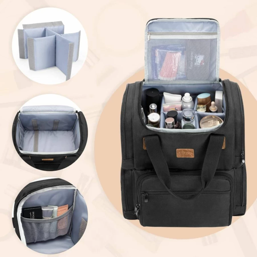 BAFASO Travel Makeup Bag with 3 Removable Pouches & Multiple Pockets, Black Cosmetic Organizer for Toiletries