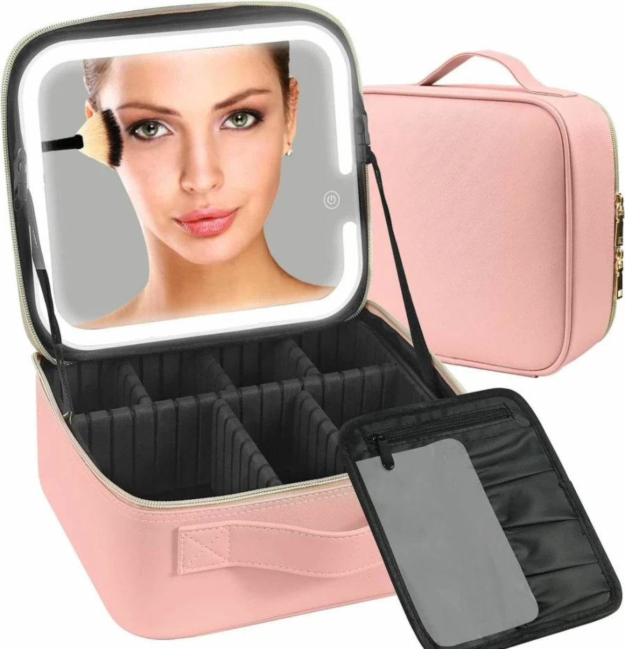 Jasput LED Lighted Makeup Travel Bag with Adjustable Divider, Portable Cosmetic Train Case for Brushes & Tools, Mirror Included, Ideal Gift for Women