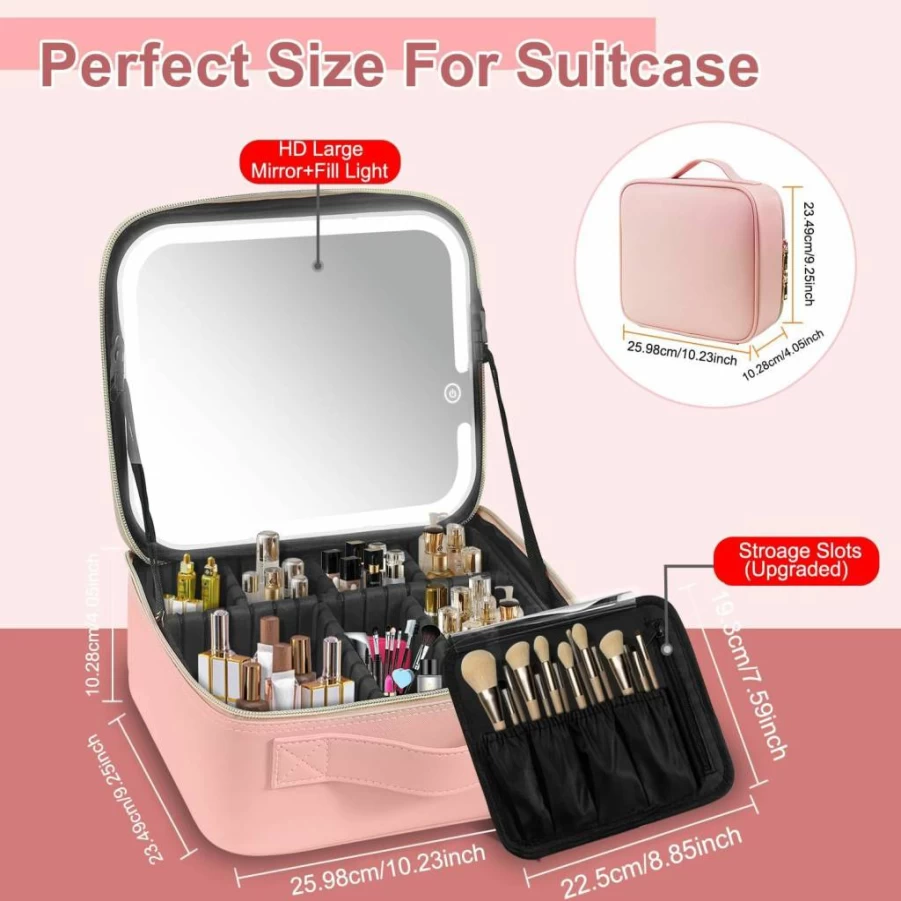 Jasput LED Lighted Makeup Travel Bag with Adjustable Divider, Portable Cosmetic Train Case for Brushes & Tools, Mirror Included, Ideal Gift for Women