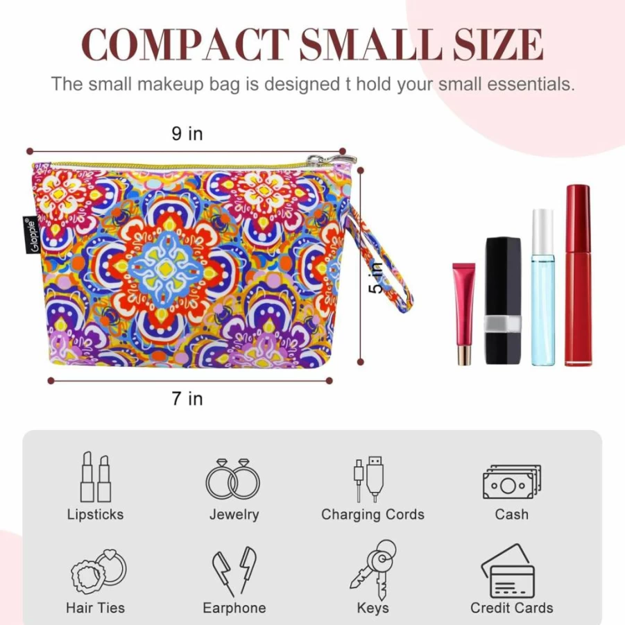 Gloppie Small Makeup Bag with Zipper - Floral Cosmetic Pouch for Women, Travel Toiletry Bag, Sunscreen & Beauty Organizer, White Flower Design