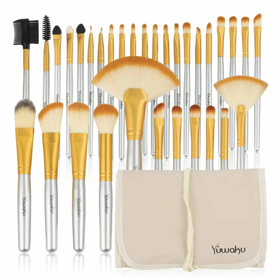 Daxstar 32Pcs Blue Makeup Brushes Set - Premium Foundation, Blending, Blush, Concealer, Eyeshadow & Eyeliner Brushes with Travel Bag