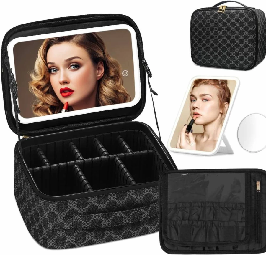 Omobolanle Portable Makeup Train Case with LED Light, Detachable Mirror, Adjustable Dividers, and 10X Magnifying Mirror - Black Travel Cosmetic Organizer