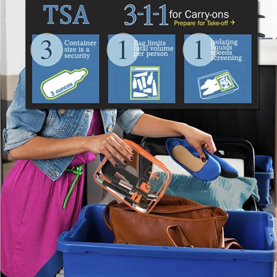 WANDF TSA Approved Clear Toiletry Bag 2-Pack, Quart Size Travel Cosmetic Pouch with Zippers for Men & Women, Carry-On Compliant Makeup Organizer