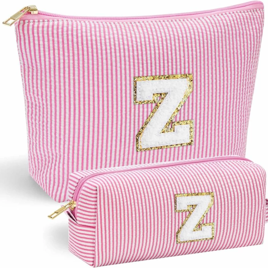 YOOLIFE Personalized Initial Makeup Bag for Women & Teens - Custom Pink Cosmetic Travel Pouch for Girls, Graduation Gifts, Teacher Presents, Trendy Birthday Present