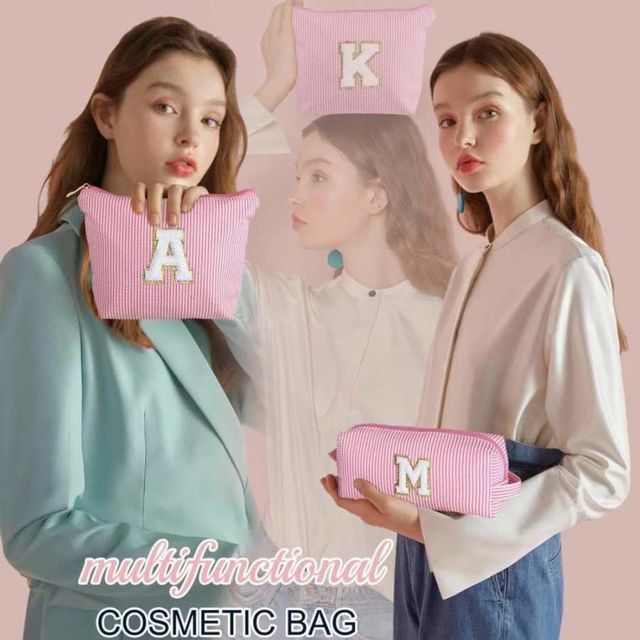 YOOLIFE Personalized Initial Makeup Bag for Women & Teens - Custom Pink Cosmetic Travel Pouch for Girls, Graduation Gifts, Teacher Presents, Trendy Birthday Present